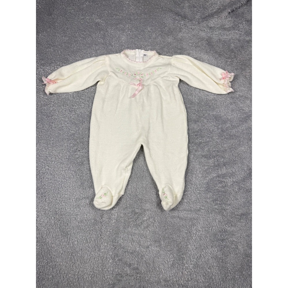 Unbranded Footed Romper Baby Girl 9M Cream Excellent Floral Pointelle Vintage
